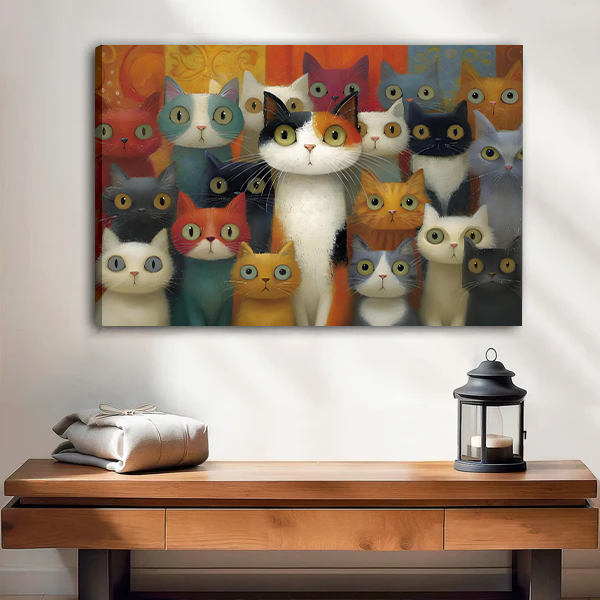 Smiling woman holding black-framed colorful cats canvas wall art with wide-eyed feline portraits and a central calico.