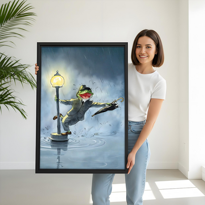Woman holding singing in rain dancing frog retro framed canvas print – funny vintage Hollywood wall art size display