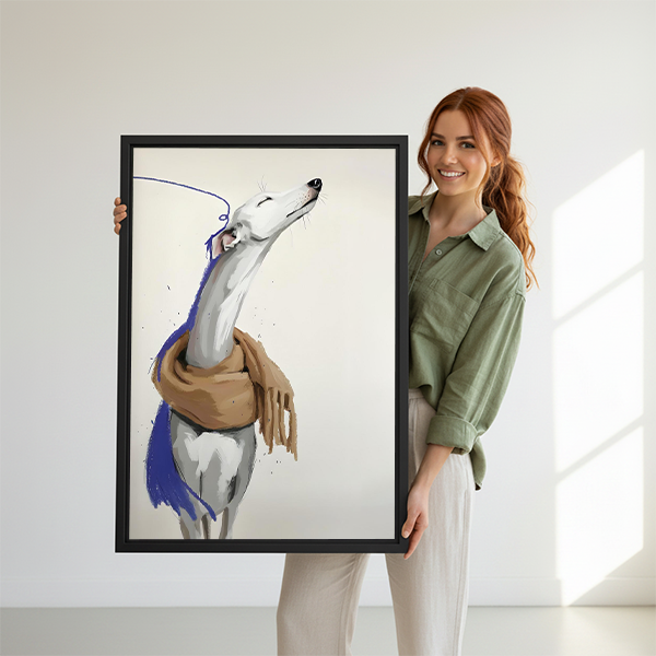Woman holding elegant greyhound scarf watercolor framed canvas print – chic modern dog portrait wall art size display
