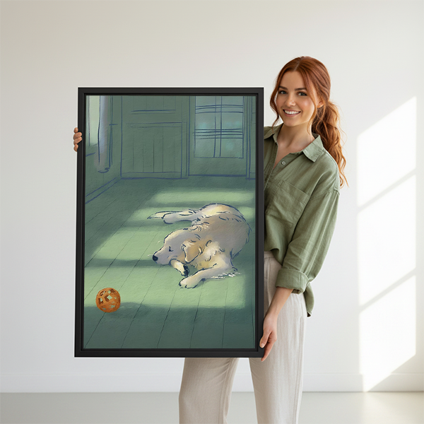 Woman holding golden retriever sunlight illustration framed canvas wall art print, anime style