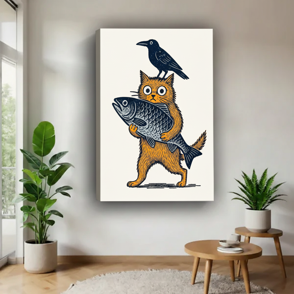 Cat Fish Crow Folk Art Print in Minimalist Living Room – Framed Woodcut Wall Decor with Green Plants