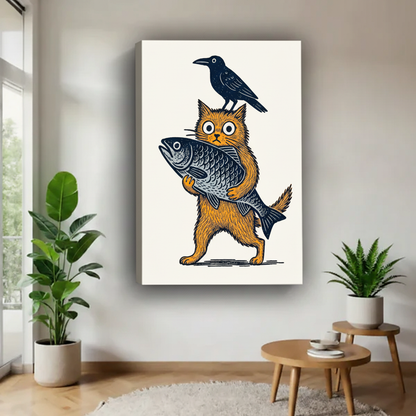 Cat Fish Crow Folk Art Print in Minimalist Living Room – Framed Woodcut Wall Decor with Green Plants