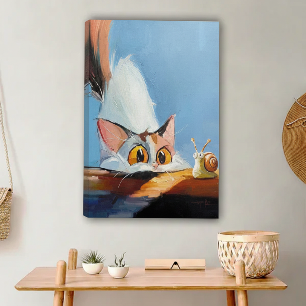 Curious Cat Snail Oil Painting Framed Wall Art on Boho Bench – Funny Calico Cat Print with Succulent Plants