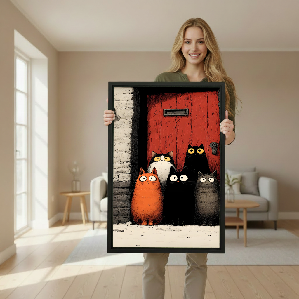 Smiling blonde woman in green top holding large five cats red door gothic cartoon framed canvas print with orange black white and grey cats in bright Scandinavian living room with white sofa and wooden side table