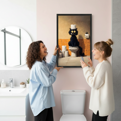 Two women laughing while hanging funny black cat toilet framed print in pink bathroom