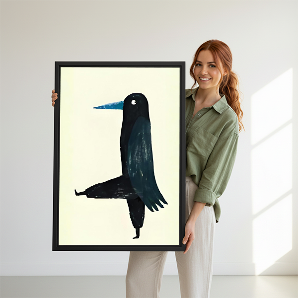 	Smiling woman holding large black crow zen minimalist framed canvas print to show size against white background
