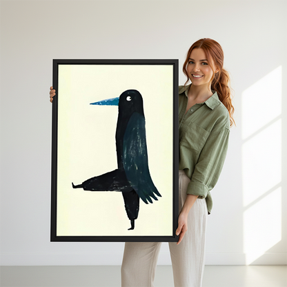 	Smiling woman holding large black crow zen minimalist framed canvas print to show size against white background