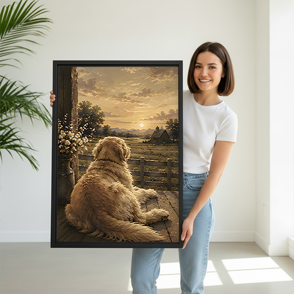 Woman holding golden retriever sunset vintage oil painting framed canvas art print size reference