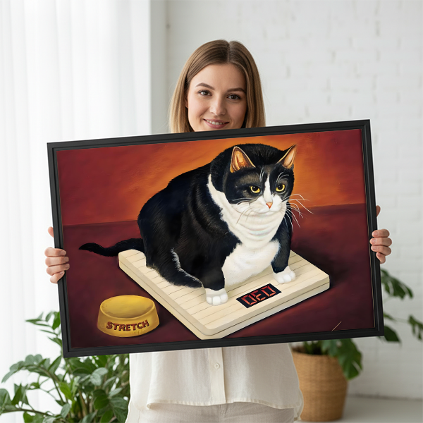 Woman holding large funny fat cat on scale framed canvas wall art