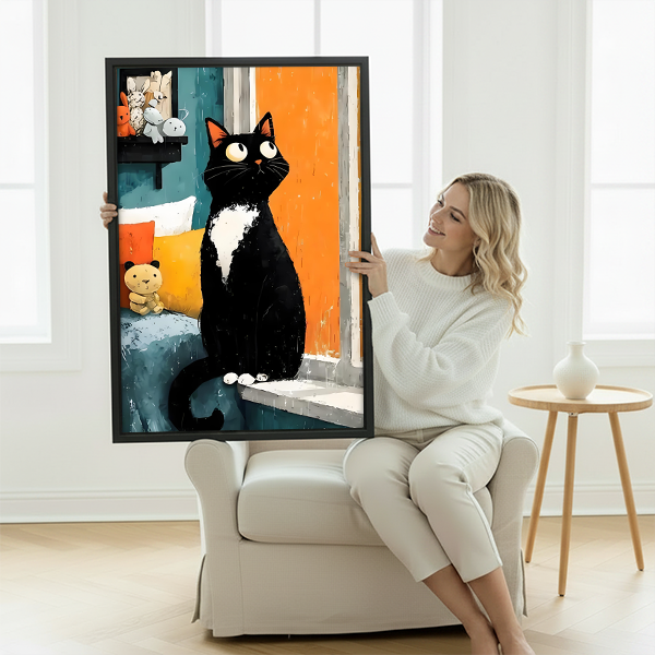 Bold cat oil painting print, curious black and white cat sitting by window with toys, colorful wall decor