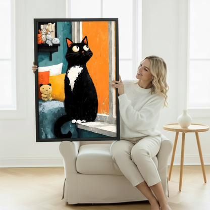 Bold cat oil painting print, curious black and white cat sitting by window with toys, colorful wall decor