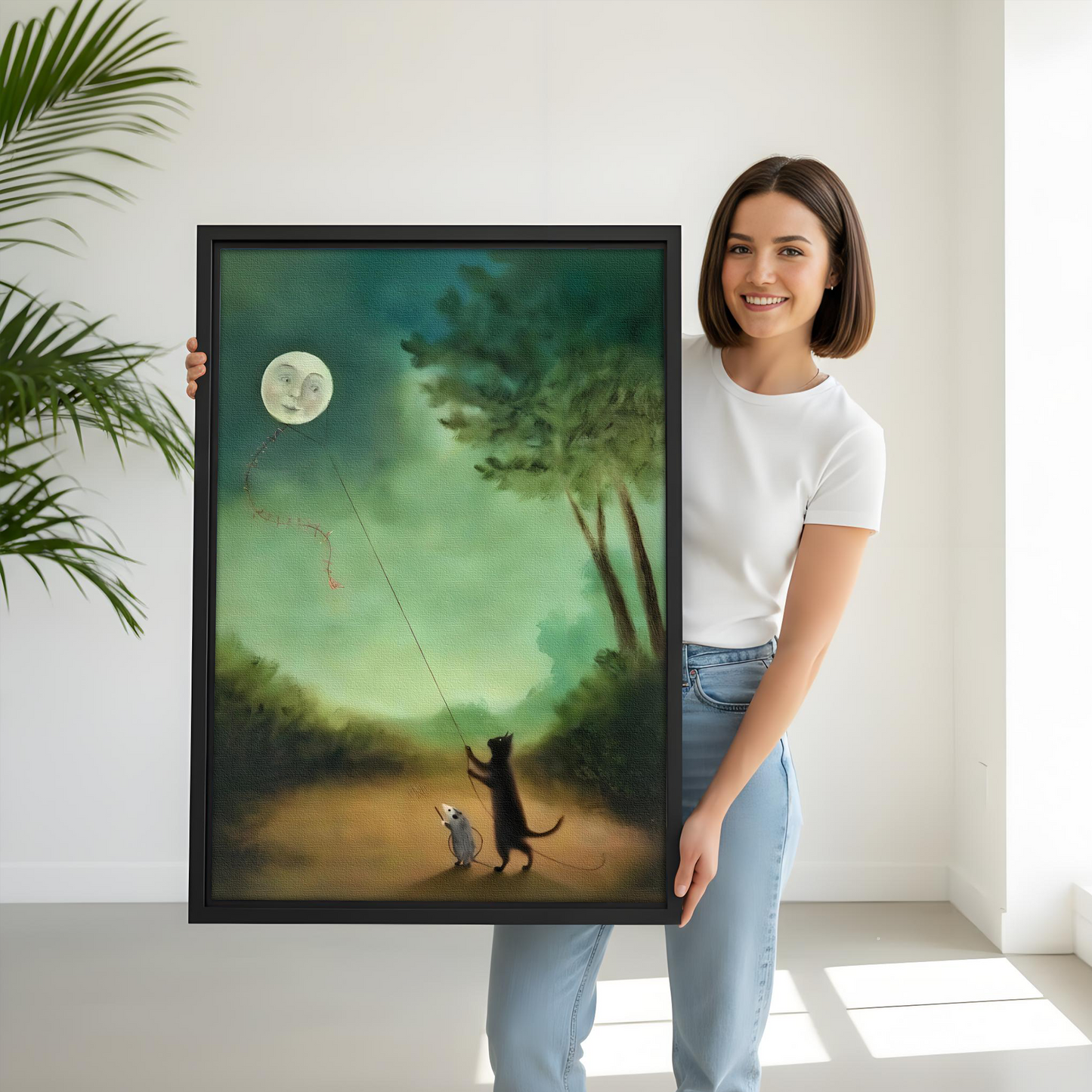 Whimsical Cat Mouse Moon Kite Framed Canvas Wall Art l2639