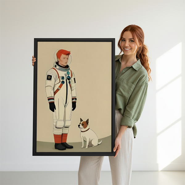 Woman holding retro astronaut and dog framed wall art print