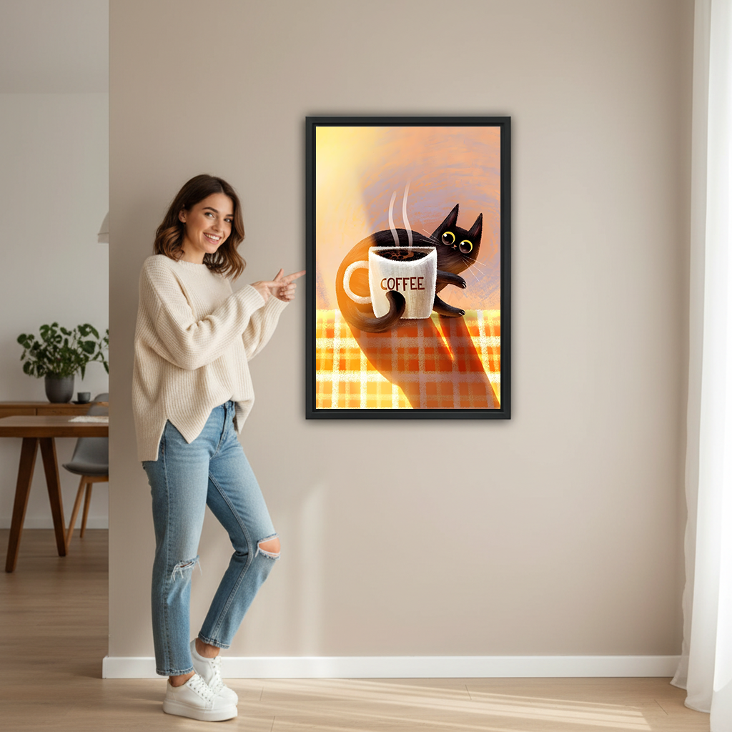 Woman pointing at cute black cat coffee lover orange illustration framed canvas wall art print showing actual artwork size in modern home