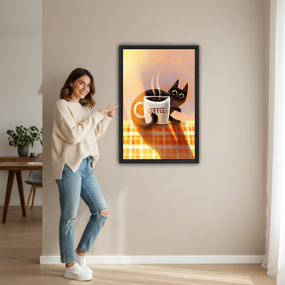 Woman pointing at cute black cat coffee lover orange illustration framed canvas wall art print showing actual artwork size in modern home