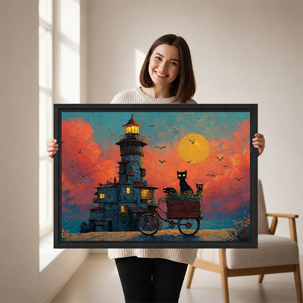 Woman Holding Fantasy Black Cat Lighthouse Framed Art Print Size Reference