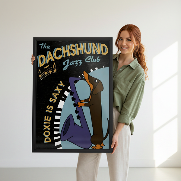 Woman holding large retro dachshund jazz club saxophone framed wall art print