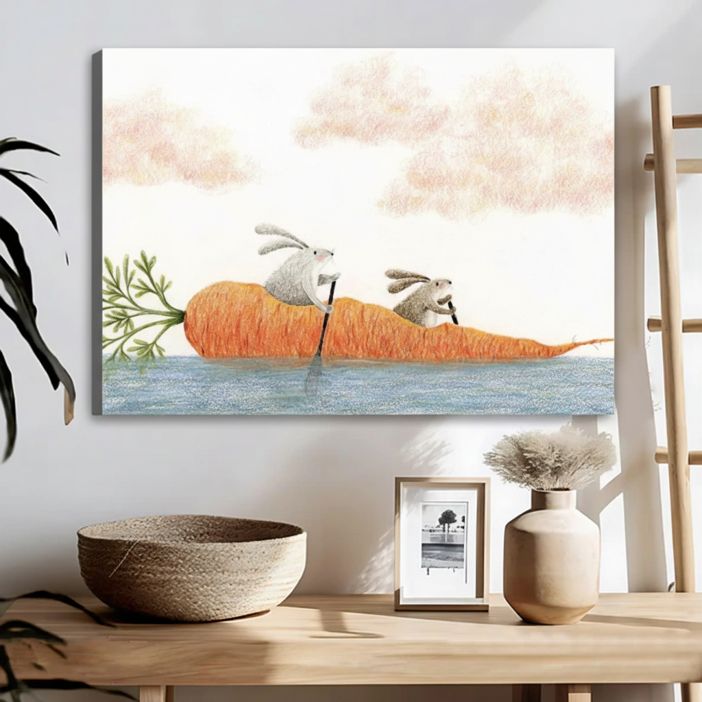 Bunny Carrot Boat Print in Multiple Sizes – Whimsical Framed Kids Wall Art for Playroom