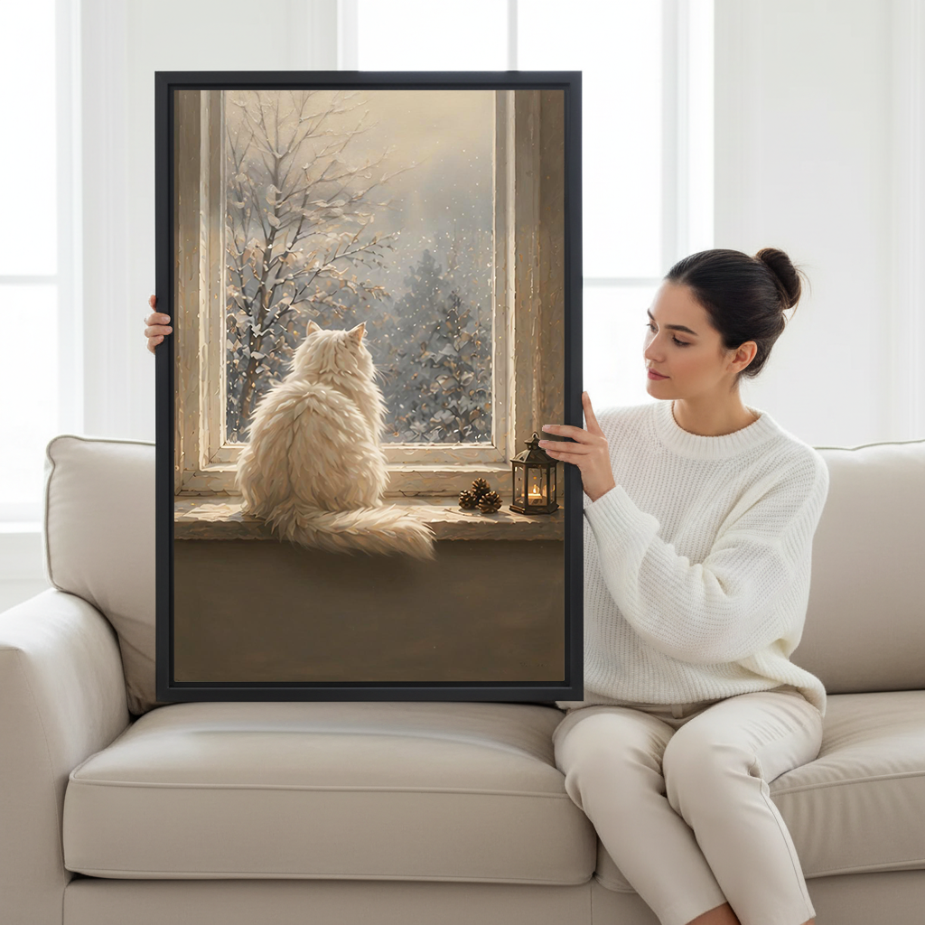 Woman holding winter white cat framed canvas wall art print on cream sofa