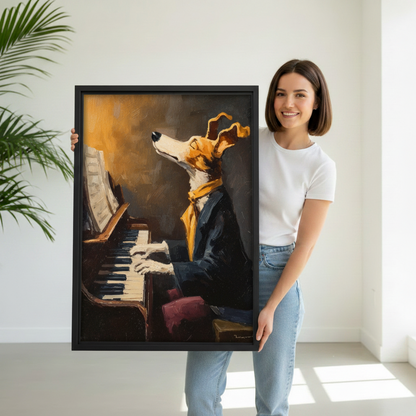 Woman holding large framed dog playing piano art print, anthropomorphic greyhound musician canvas, unique pet wall decor gift