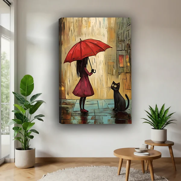 Red umbrella girl and black cat canvas wall art in a black frame above a woven bedroom nightstand.
