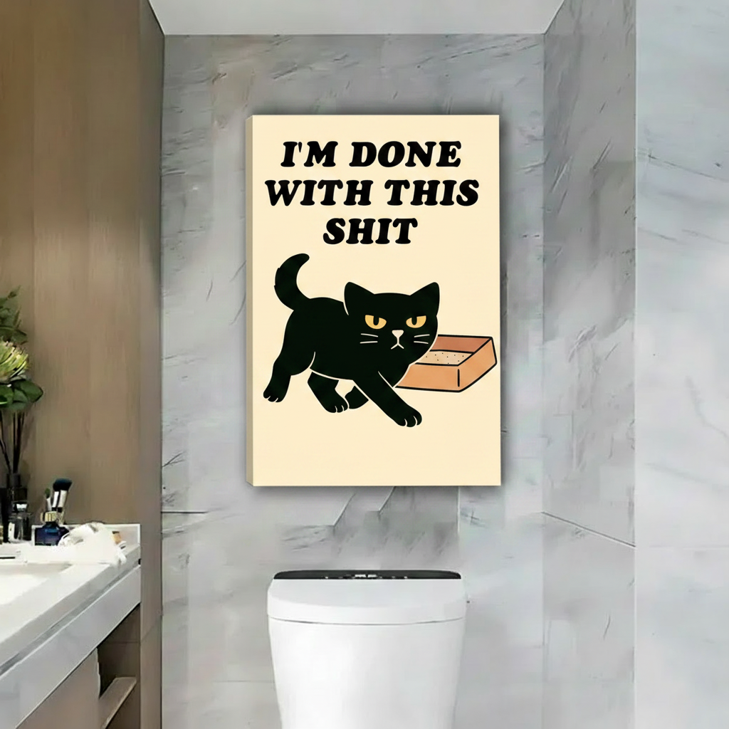 Black cat I'm done with this shit funny gallery wrap canvas wall art, bold humor cat lover print