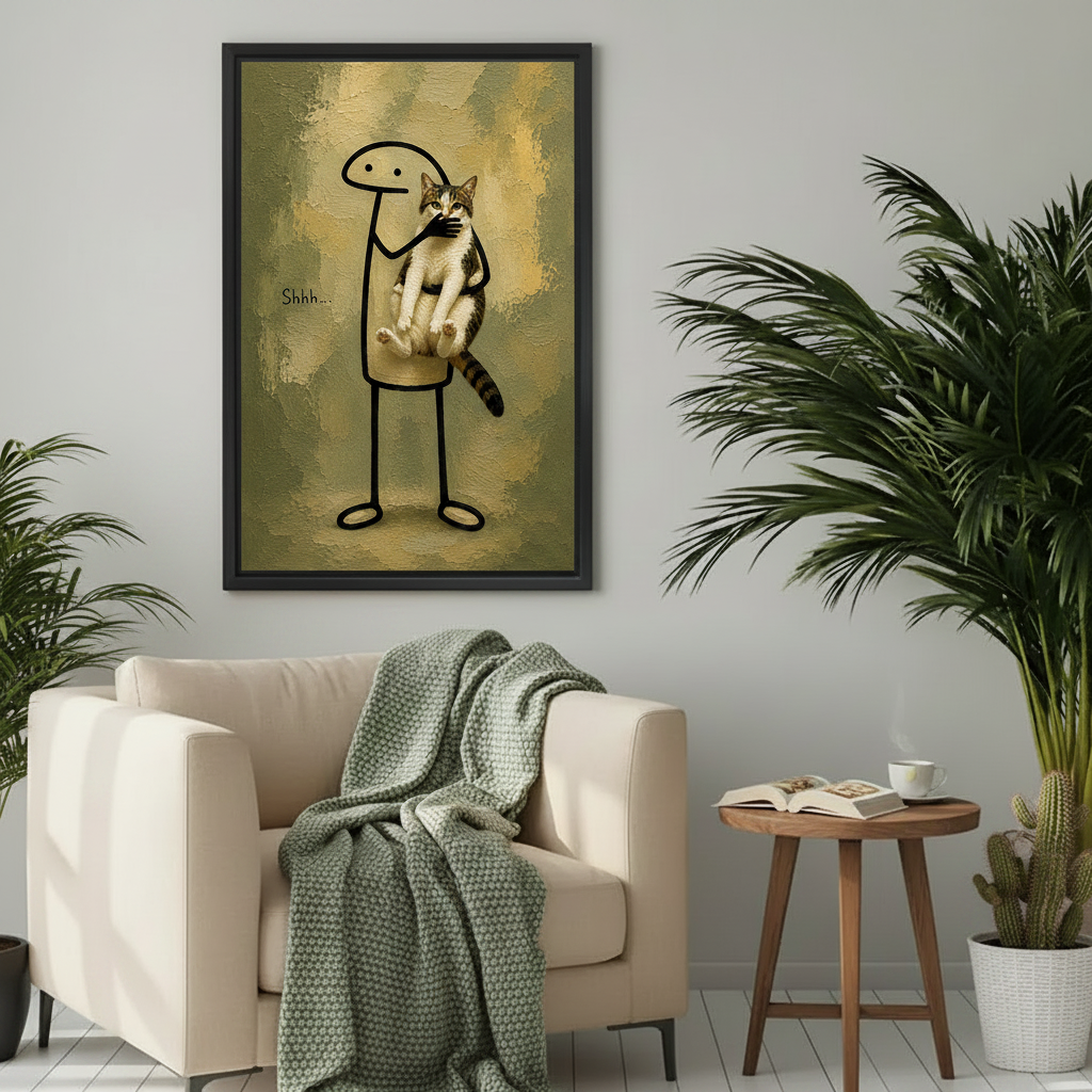 Shhh cat painting wall art – whimsical oil painting print, framed or canvas options, quirky wall decor for cat lovers 