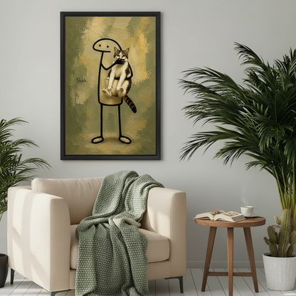 Shhh cat painting wall art – whimsical oil painting print, framed or canvas options, quirky wall decor for cat lovers 