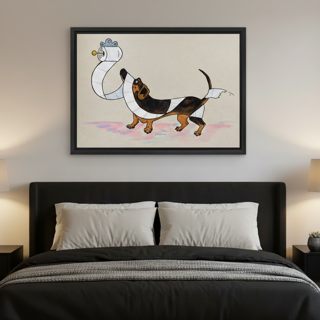 Whimsical dachshund canvas print above bed funny dog bedroom wall art