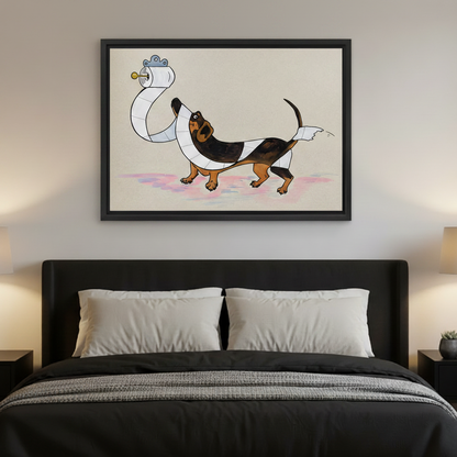 Whimsical dachshund canvas print above bed funny dog bedroom wall art