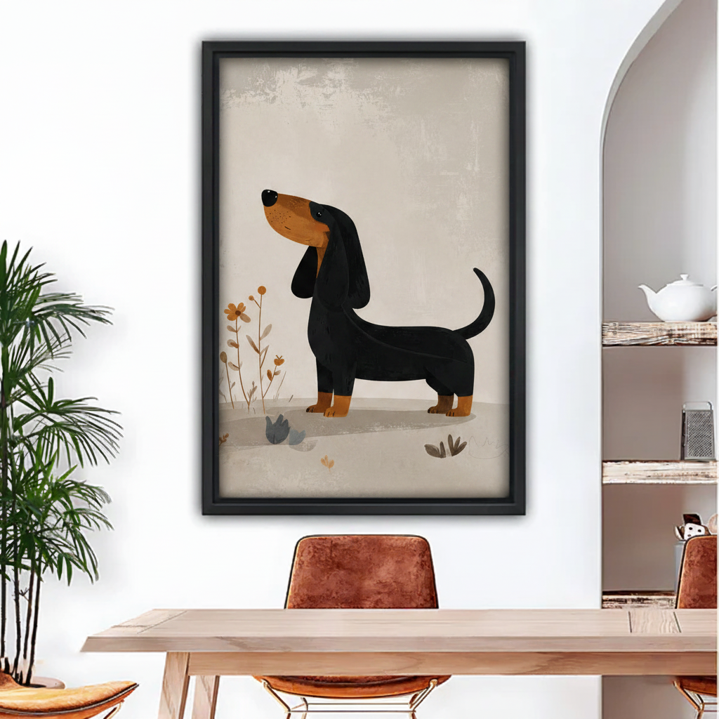 Minimalist dachshund wall art print in black frame above dining table, whimsical dog canvas decor for modern home