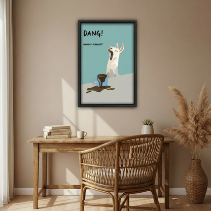 Funny llama Monday coffee spill canvas print in styled home interior, relatable office wall decor
