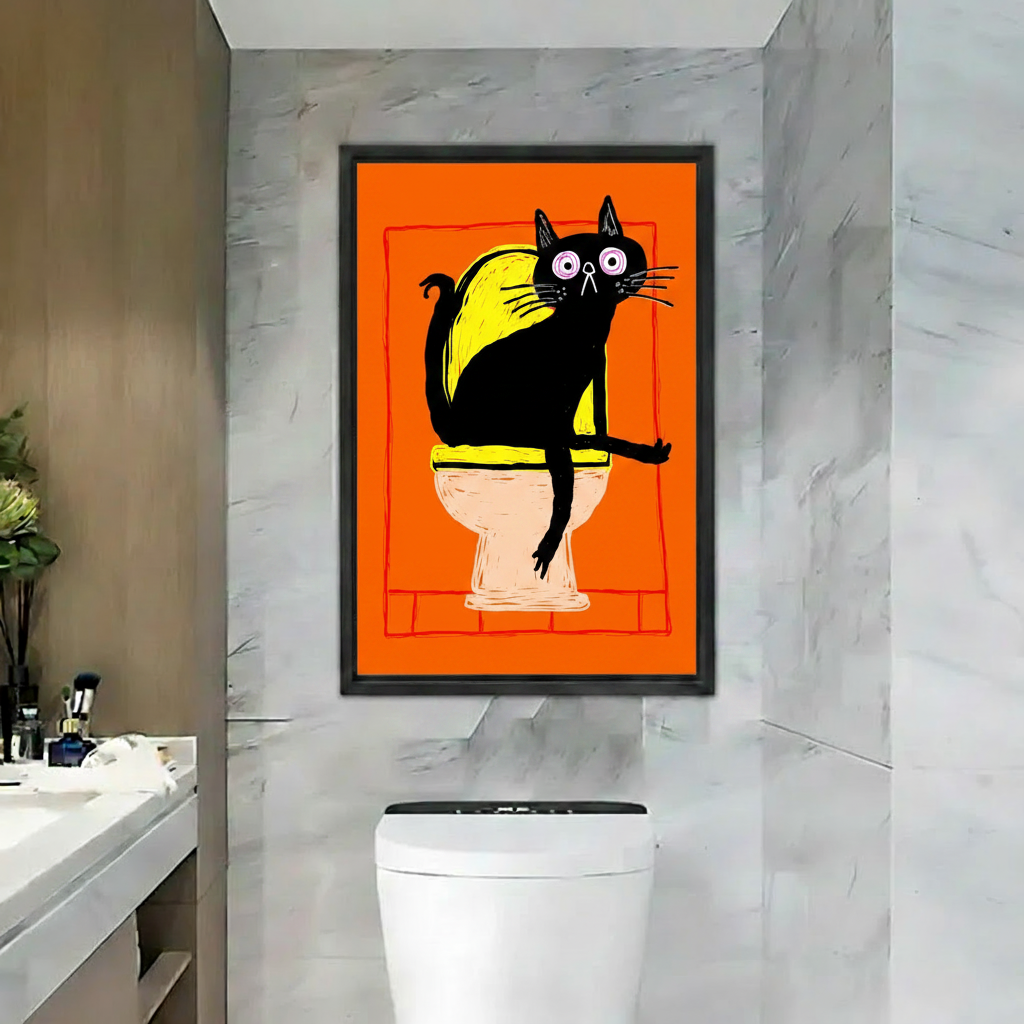 Funny black cat sitting on toilet bold orange canvas wall art in black frame, marble bathroom decor