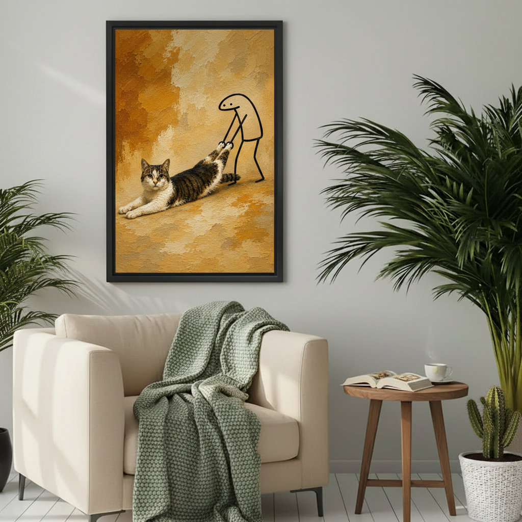 Cat lover wall art print – whimsical oil painting of a stubborn cat, framed or canvas options, quirky living room decor