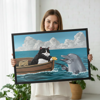 Person holding funny cat dolphin canvas print — humorous framed wall art for home