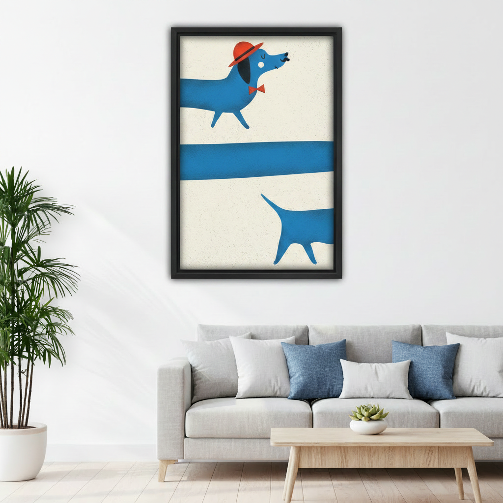 Funny blue dachshund canvas print above living room sofa, retro dog wall art in modern home, perfect dog lover decor