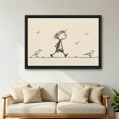 Minimalist child seagulls ink sketch canvas wall art above sofa living room playful decor