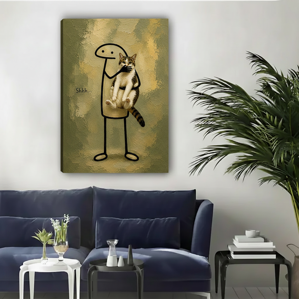 Funny cat canvas art – oil painting of a shushing cat, gallery wrap canvas print, humorous living room wall decor