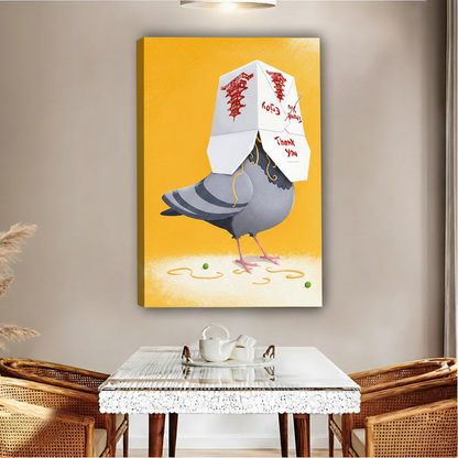 Urban pop art pigeon wall art hanging in modern dining room