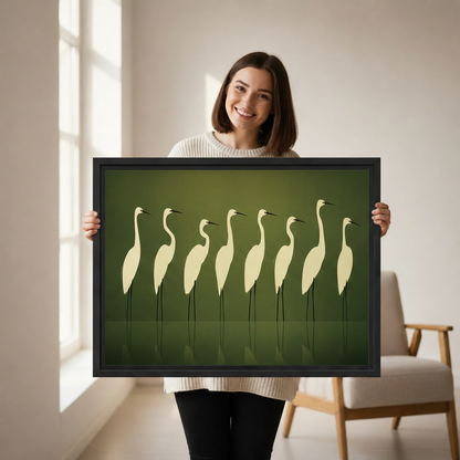 Hand-held minimalist white egrets zen canvas print, elegant egret wall art close-up detail shot