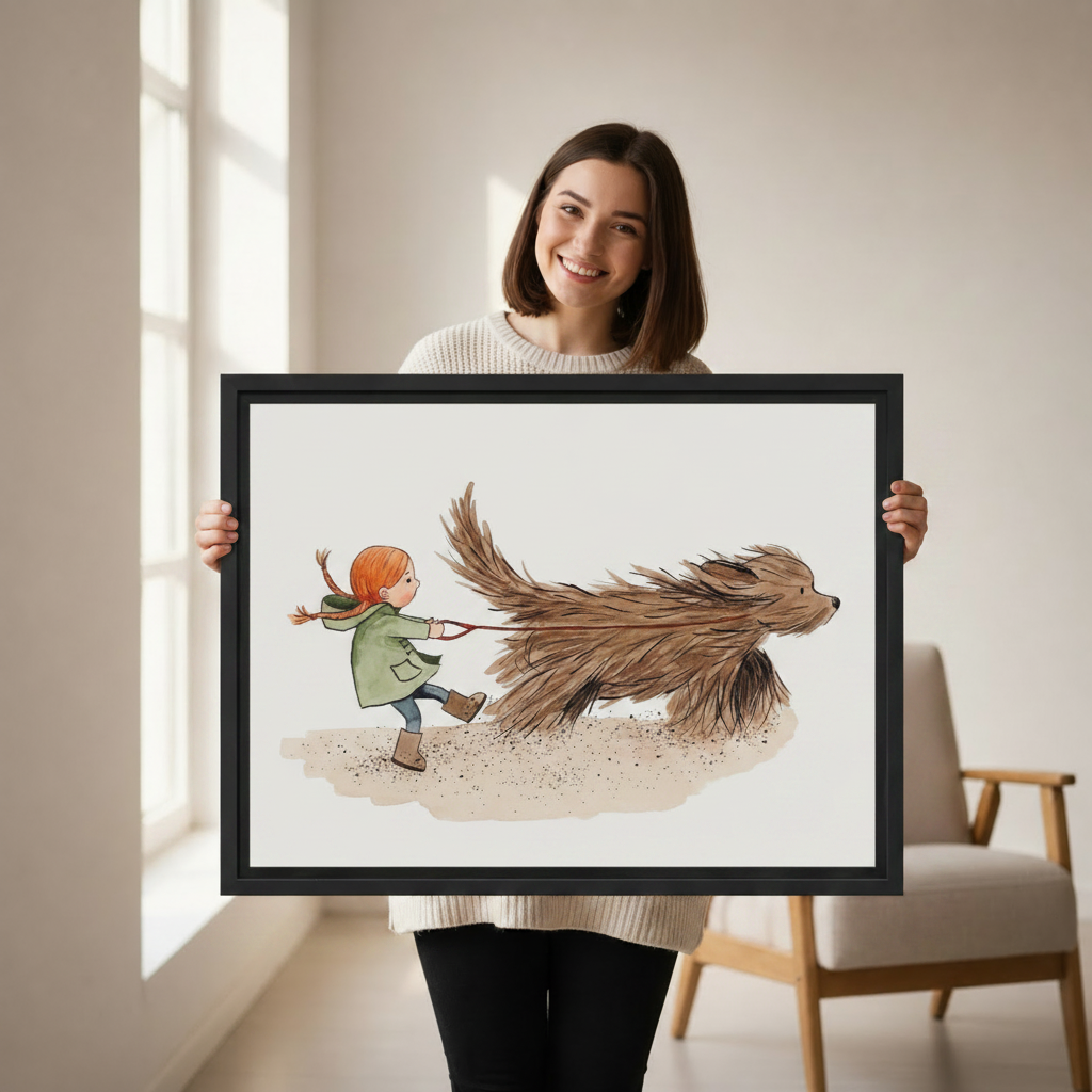 Girl and giant dog watercolor canvas wall art — framed print shown in a cozy bedroom setting
