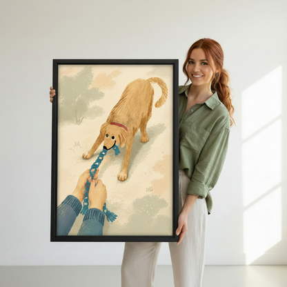 Stubborn golden retriever wall art print — woman holding framed canvas with funny dog illustration, perfect dog lover gift