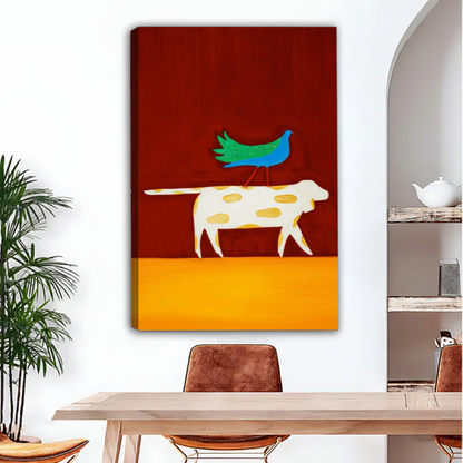 Whimsical spotted dog with blue bird framed canvas print for living room