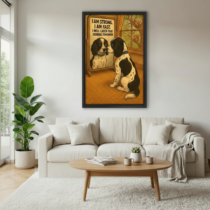 Funny dog mirror motivational quote framed canvas hanging in bright modern living room with plants — humorous animal wall art decor