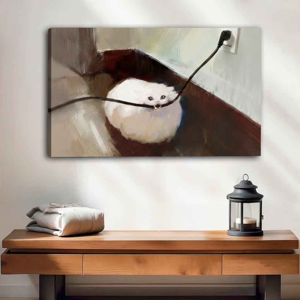 Impressionist oil painting canvas of a fluffy white cat biting an electrical cable — gallery wrap for modern home decor