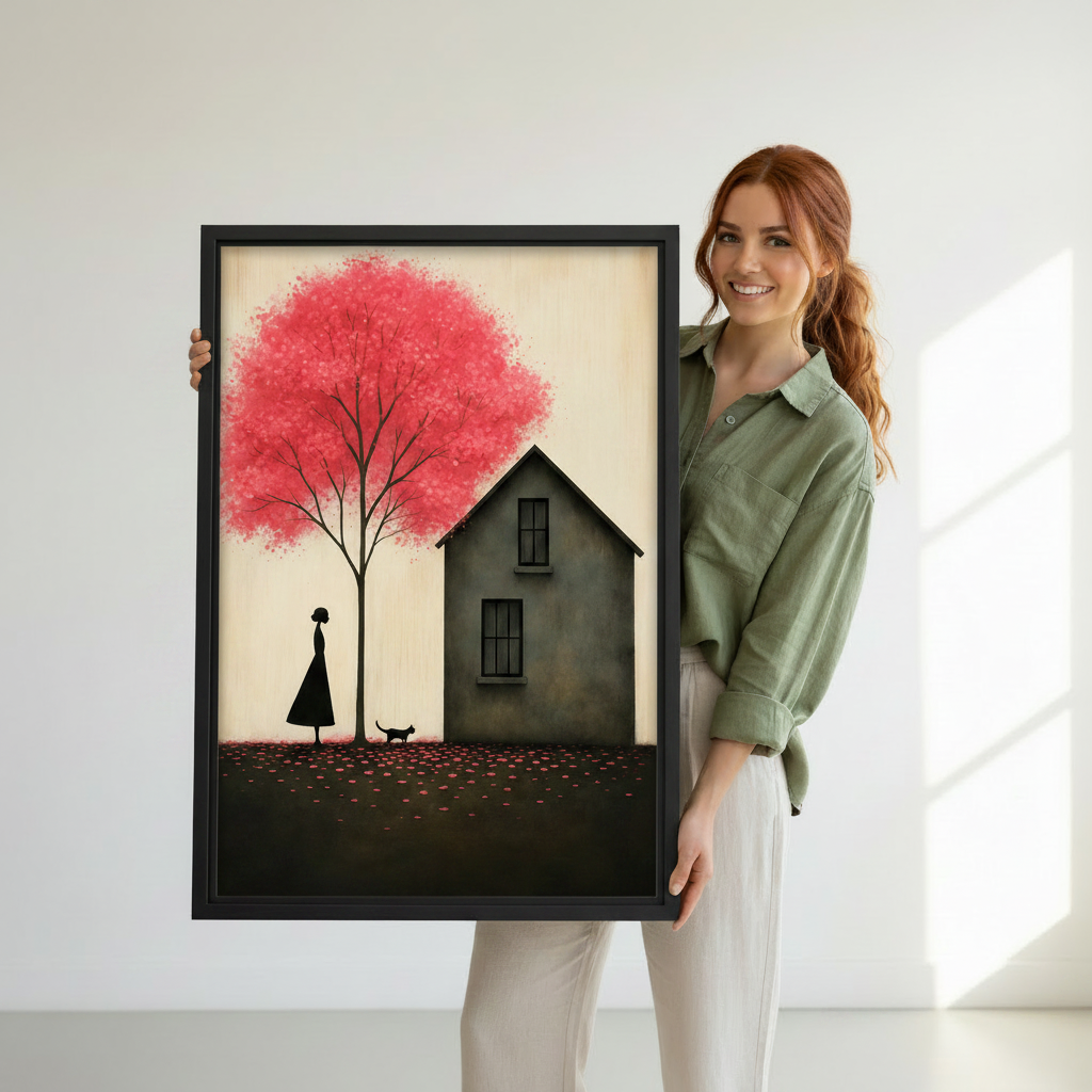 Red Tree Girl Cat Minimalist Canvas Wall Art l2623