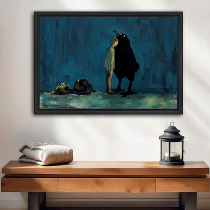 Dark surreal boy and raven framed canvas wall art in black floating frame, deep teal moody oil painting style