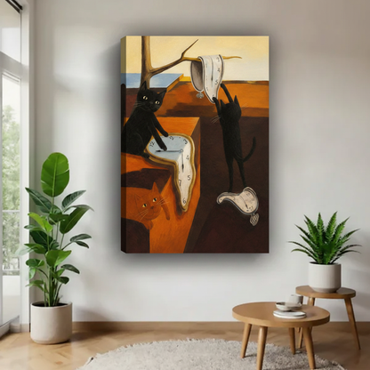 Surrealist cat wall art – oil painting of black cats playing with melting clocks, framed canvas print, quirky home decor