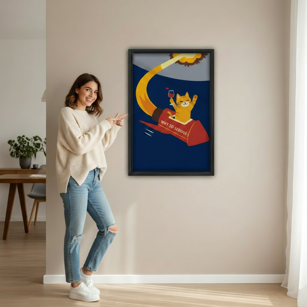  Why So Serious retro cat rocket wine wall art displayed in home interior, unique cat canvas print