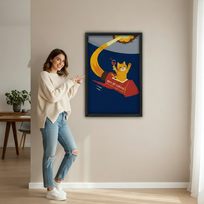  Why So Serious retro cat rocket wine wall art displayed in home interior, unique cat canvas print